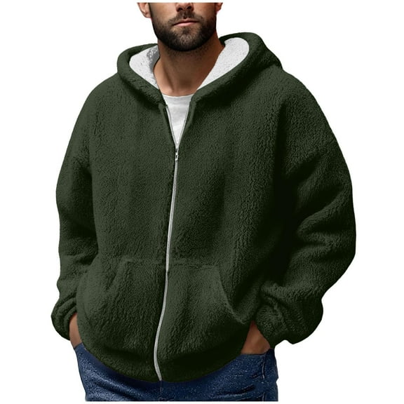 Men's Winter Zipper Hooded Fleece Sweatshirt With Patch Pocket Casual Jacket for Cold Weather Outdoor Activities and Daily Wear with Warm and Soft Material,Army Green,L