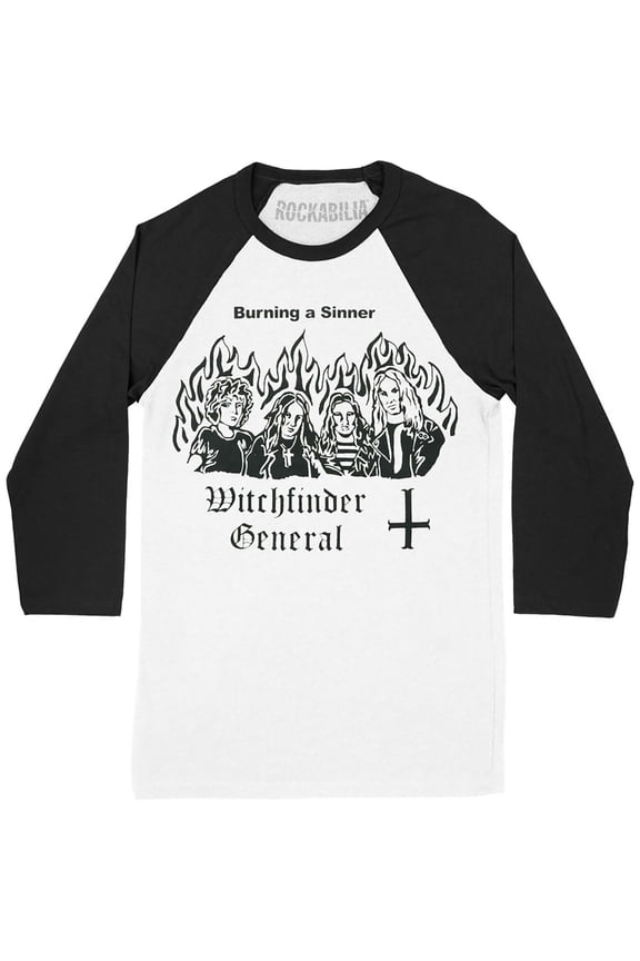 Men's Witchfinder General (Band) Burn a Witch Raglan Baseball Jersey Medium Black