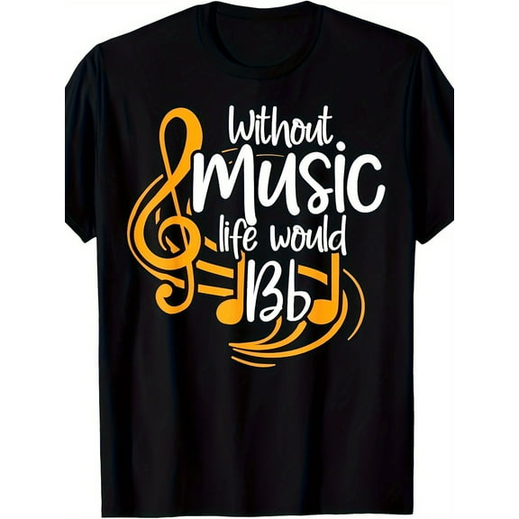 Men's "Without Music, Life Would Be Boring" Graphic Tee - 100% Cotton, Soft & Durable, Crew Neck, Short Sleeve, Casual Style with Musical Notes Design, Ideal for Daily Wear & Music Enthusiasts