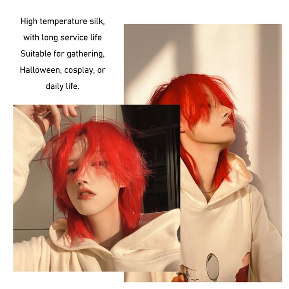 Men's Wolf Cut Wig, Red Short Hairpiece For Cosplay <span Style="background:red"></span>, Heat Resistant
