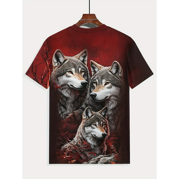 Men's Wolf Family 3D Printed T-shirt-Short Sleeve, round Neck, Light and Comfortable, Red Wolf Pattern Design, Summer Outdoor Casual Activity Clothing