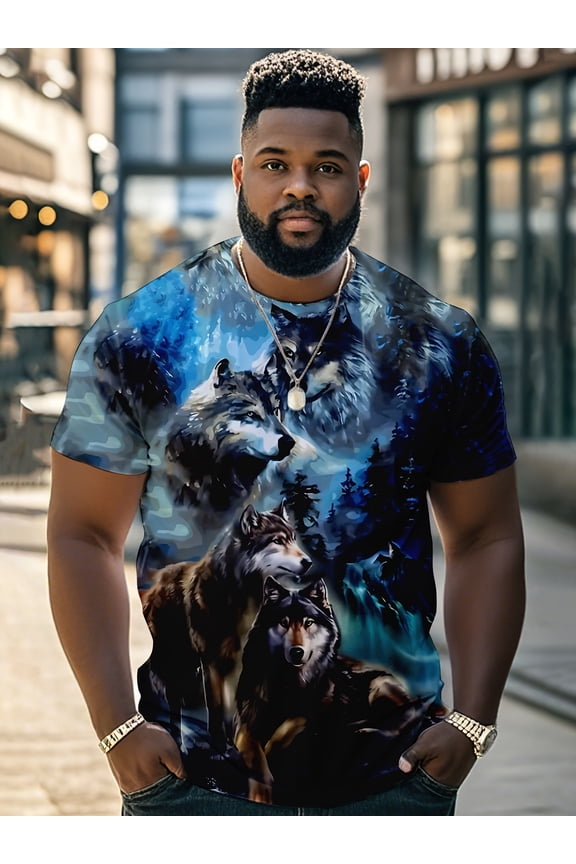 Men's Wolf Head Print T-Shirt - Eye-catching Blue and Black Wolf Pattern Design, Suitable for Gym, Wolf Head Theme T-Shirt, Hiking Gear, Crew Neck Style, Comfortable Fit, Summer Clothing