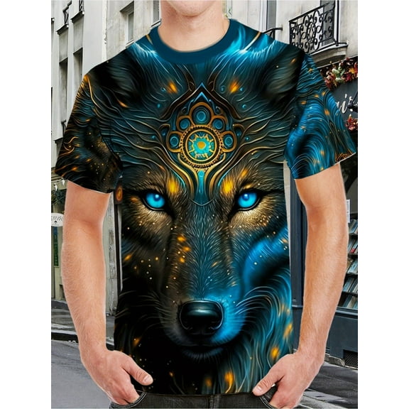 Men's Wolf King 3D Digital Print T-Shirt Fashion Crew Neck, Short Sleeve, Breathable Polyester Fiber Vibrant Blue and Gold Wolf Design - Perfect for Summer Casual Wear
