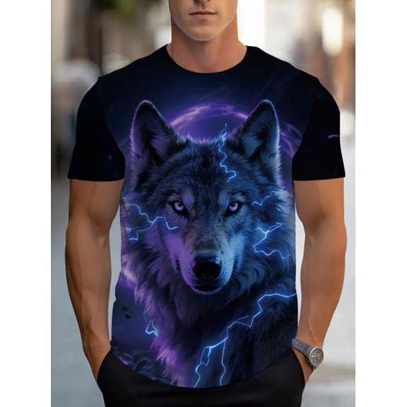 Men's Wolf and Lightning Pattern T-Shirt - Durable 100% Polyester, Breathable Summer Casual Short Sleeve, Essential for Gym and Outdoor Wear for Fitness Enthusiasts