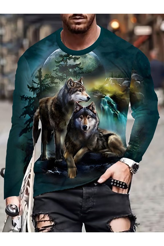 Men's Wolf and Moonlight Forest 3D Printed Long Sleeve Crew Neck Shirt - Long Sleeve Sweatshirt, Sportswear, Men's Hoodie, Machine Washable, Suitable for Autumn Wear