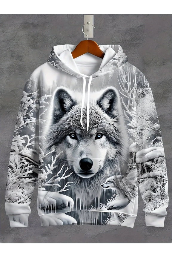 Men's Wolf Print Hoodie - Gray-White Polyester Knit Zipper Sweatshirt, Regular Fit Warm Winter Jacket, Long Sleeve Sweatshirt, Sports Shirt, Casual Clothing