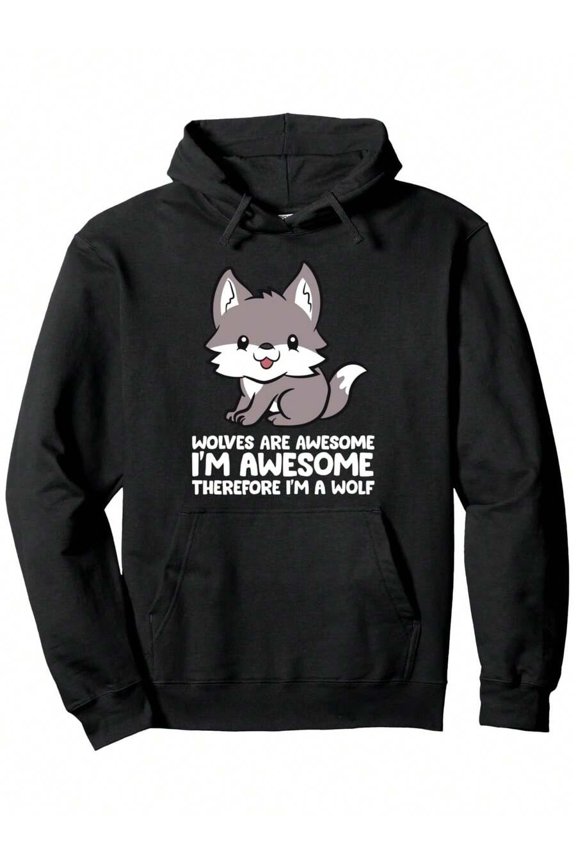 Men's 'Wolves Are Awesome' Graphic Hoodie, Heavyweight Pullover With Cartoon Wolf Design