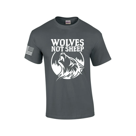 Men's Wolves Not Sheep Howling Wolf Head Patriotic American Flag Sleeve T-shirt-Charcoal-6xl