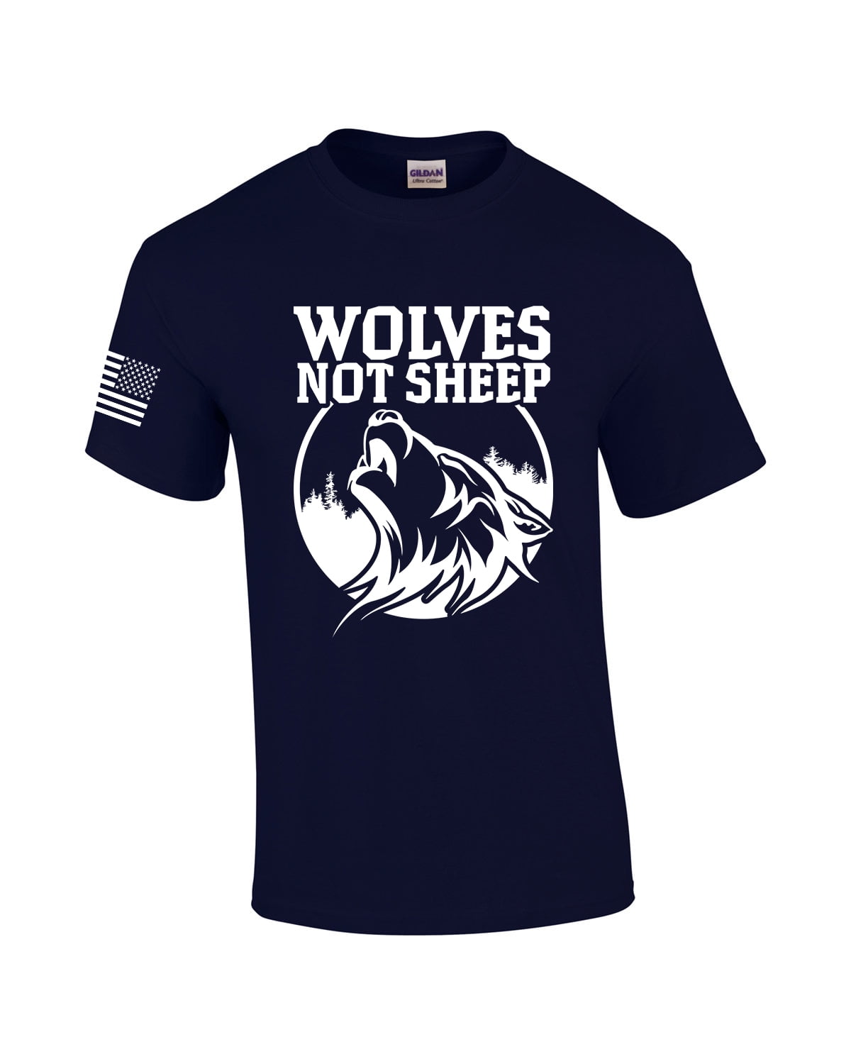 Men's Wolves Not Sheep Howling Wolf Head Patriotic American Flag Sleeve T- shirt-Charcoal-medium 