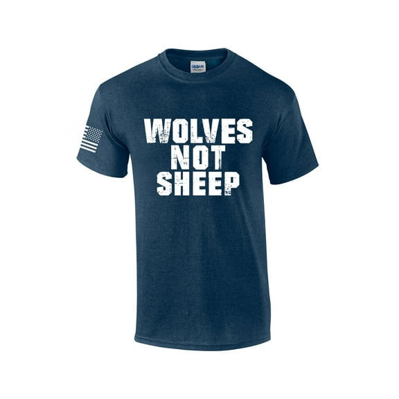 Men's Wolves Not Sheep Patriotic American Flag Sleeve T-shirt-Heather Navy-small