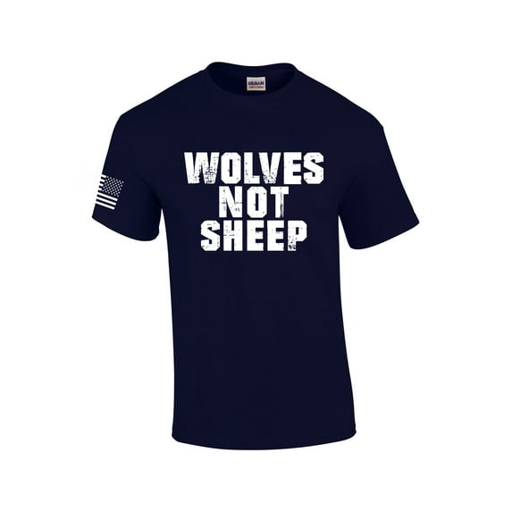 Men's Wolves Not Sheep Patriotic American Flag Sleeve T-shirt-Navy-small