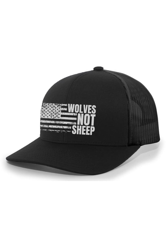 Men's Wolves Not Sheep Patriotic Embroidered American Flag Mesh Back Trucker Hat, Black/Black