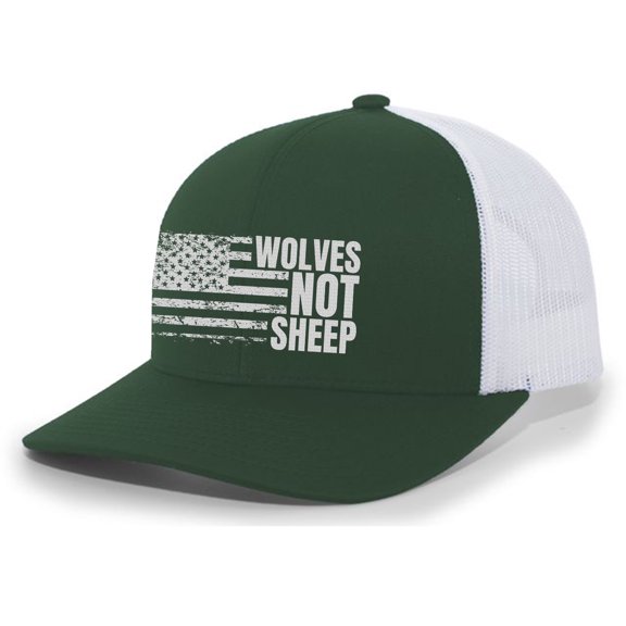 Men's Wolves Not Sheep Patriotic Embroidered American Flag Mesh Back Trucker Hat, Forest/White
