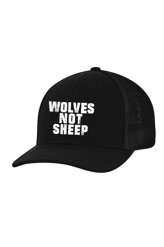 Men's Wolves Not Sheep Patriotic Embroidered Mesh Back Trucker Hat, Black/Black