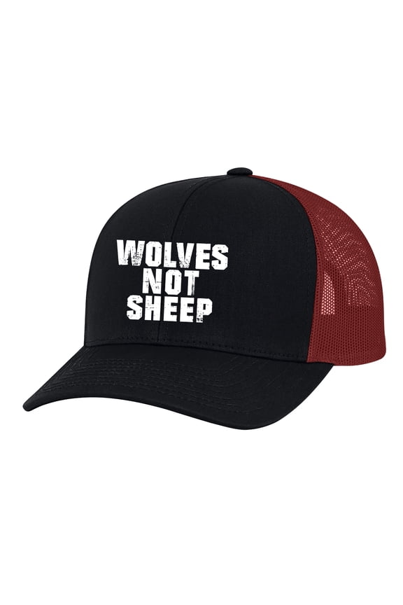 Men's Wolves Not Sheep Patriotic Embroidered Mesh Back Trucker Hat, Black/Red