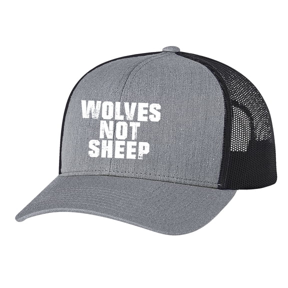 Men's Wolves Not Sheep Patriotic Embroidered Mesh Back Trucker Hat, Heather Grey/Black