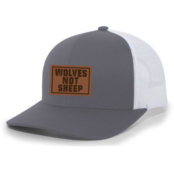 Men's Wolves Not Sheep Patriotic Engraved Leather Patch Mesh Back Trucker Hat, Charcoal/White