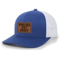 thumbnail image 1 of Men's Wolves Not Sheep Patriotic Engraved Leather Patch Mesh Back Trucker Hat, Royal/White, 1 of 4