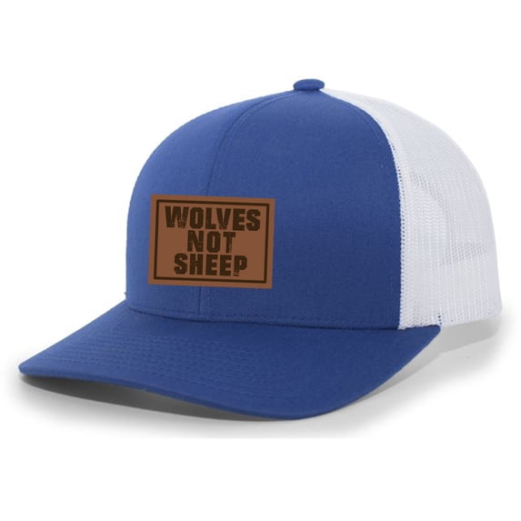 Men's Wolves Not Sheep Patriotic Engraved Leather Patch Mesh Back Trucker Hat, Royal/White