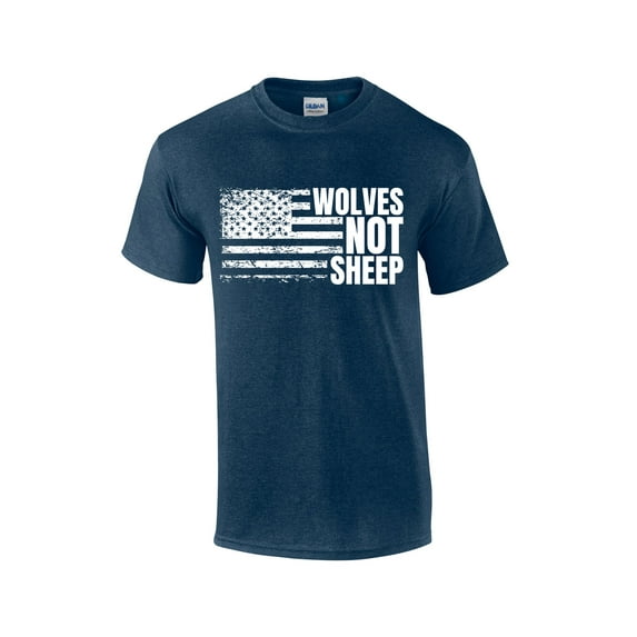 Men's Wolves Not Sheep T-shirt Distressed American Flag Patriotic Flag Sleeve T-Shirt-Heather Navy-6xl