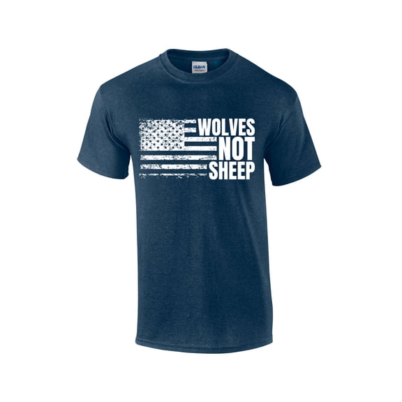 Men's Wolves Not Sheep T-shirt Distressed American Flag Patriotic Flag Sleeve T-Shirt-Heather Navy-medium