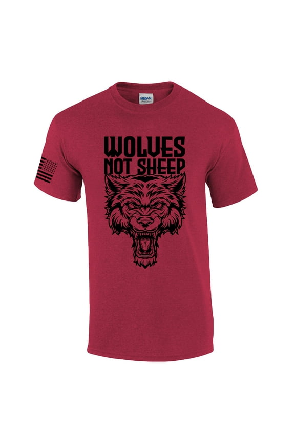 Men's Wolves Not Sheep T-shirt Snarling Wolf Head Patriotic American Flag Sleeve T-Shirt-Antique Cherry-medium