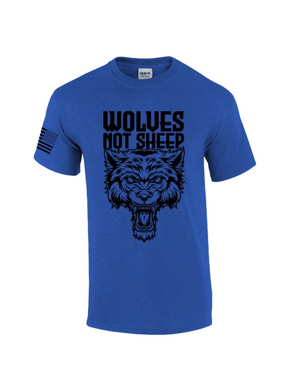 Men's Wolves Not Sheep T-shirt Snarling Wolf Head Patriotic American Flag Sleeve T-Shirt-Antique Royal-medium