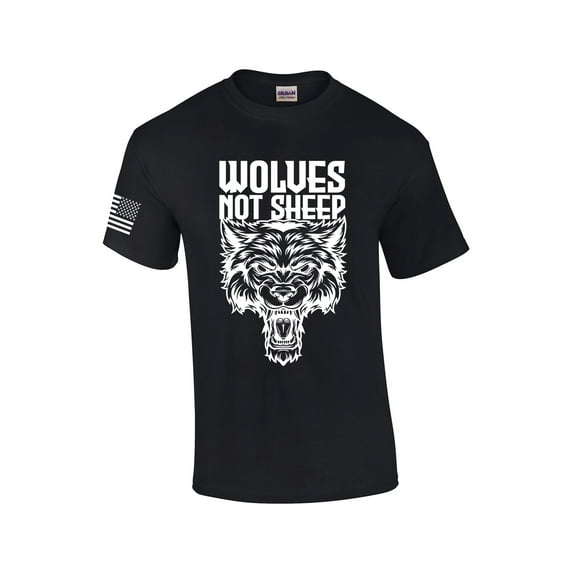 Men's Wolves Not Sheep T-shirt Snarling Wolf Head Patriotic American Flag Sleeve T-Shirt-Black-large