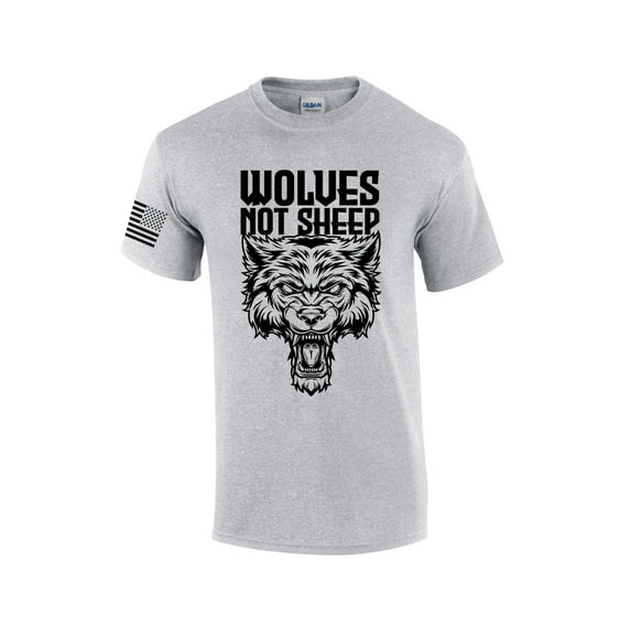 Men's Wolves Not Sheep T-shirt Snarling Wolf Head Patriotic American Flag Sleeve T-Shirt-Sports Grey-xl