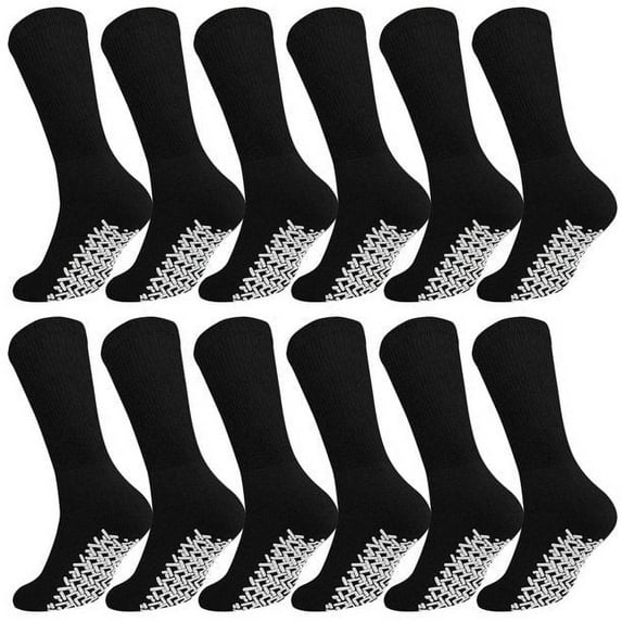 Men's Women Diabetic Loose Top Therapeutic Anti Slip Non Skid Gripper Soft Cotton Full Cushioned Crew Socks (Black - 12 Pairs, Socks Size 10-13, Fit Men's Shoe Size 7-12)