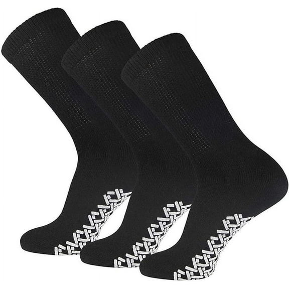 Men's Women Diabetic Loose Top Therapeutic Anti Slip Non Skid Gripper Soft Cotton Full Cushioned Crew Socks (Black - 3 Pairs, Socks Size 13-15, Fit Men's Shoe Size 9-14)