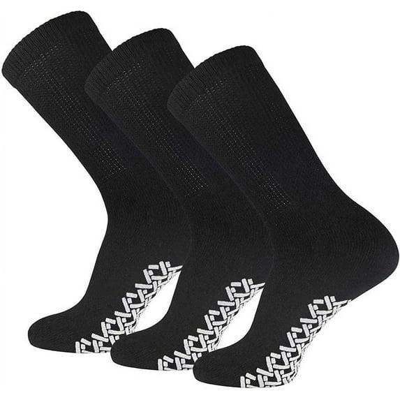 Men's Women Diabetic Loose Top Therapeutic Anti Slip Non Skid Gripper Soft Cotton Full Cushioned Crew Socks (Black - 3 Pairs, Socks Size 9-11, Fit Women's Shoe Size 5-10)