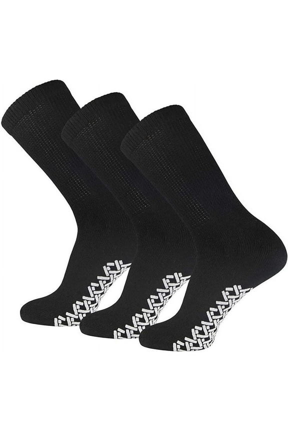 Men's Women Diabetic Loose Top Therapeutic Anti Slip Non Skid Gripper Soft Cotton Full Cushioned Crew Socks (Black - 3 Pairs, Socks Size 9-11, Fit Women's Shoe Size 5-10)