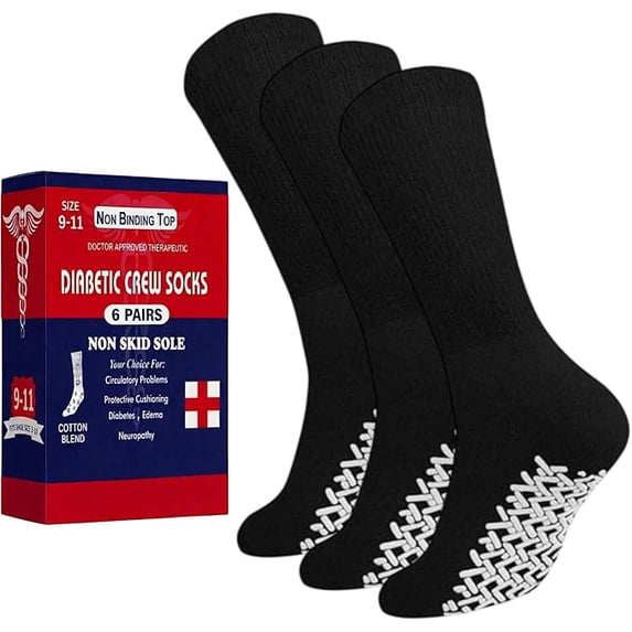 Diamond Star Unisex Diabetic Loose Top Therapeutic Anti Slip-Non Skid Gripper Soft Cotton Full Cushioned Crew Socks (Black - 3 Pairs, Socks Size 9-11, Fit Women's Shoe Size 5-10)