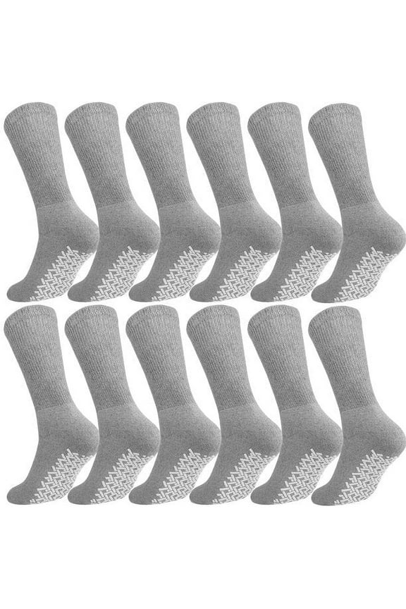 Men's Women Diabetic Loose Top Therapeutic Anti Slip Non Skid Gripper Soft Cotton Full Cushioned Crew Socks (Grey - 12 Pairs, Socks Size 9-11, Fit Women's Shoe Size 5-10)