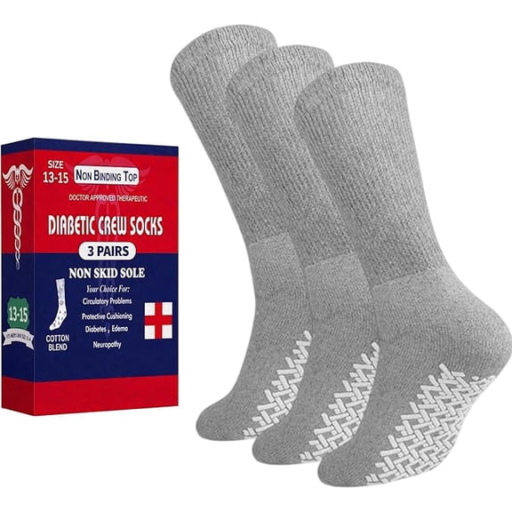 Diamond Star Unisex Diabetic Loose Top Therapeutic Anti Slip-Non Skid Gripper Soft Cotton Full Cushioned Crew Socks (Grey - 12 Pairs, Socks Size 9-11, Fit Women's Shoe Size 5-10)