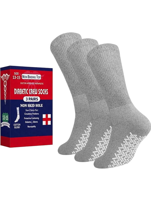 Unisex Diabetic Loose Top Therapeutic Anti Slip-Non Skid Gripper Soft Cotton Full Cushioned Crew Socks (Grey - 3 Pairs, Socks Size 13-15, Fit Men's Shoe Size 9-14)