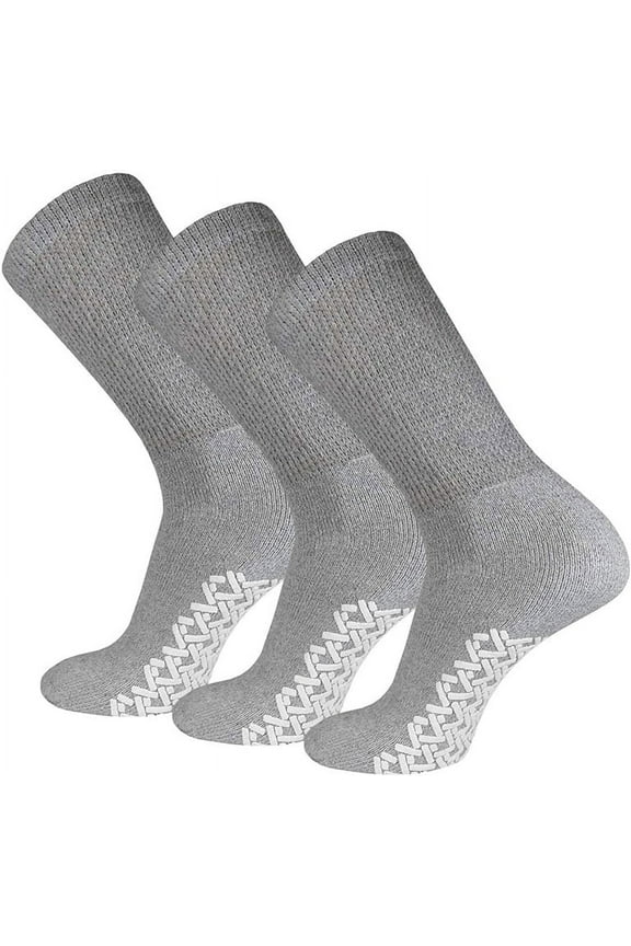 Men's Women Diabetic Loose Top Therapeutic Anti Slip Non Skid Gripper Soft Cotton Full Cushioned Crew Socks (Grey - 3 Pairs, Socks Size 9-11, Fit Women's Shoe Size 5-10)
