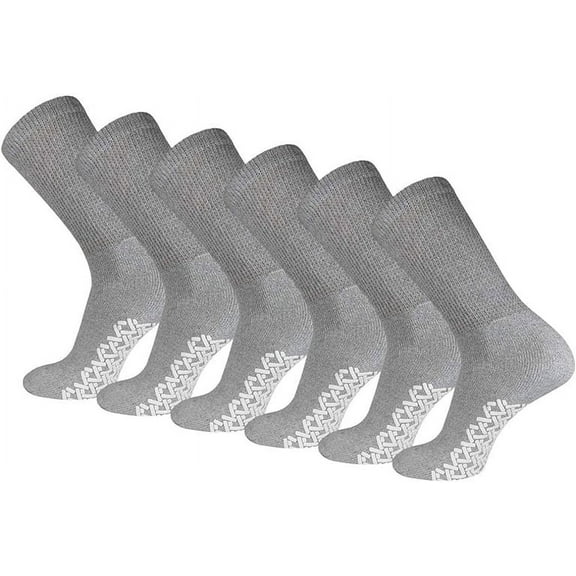 Men's Women Diabetic Loose Top Therapeutic Anti Slip Non Skid Gripper Soft Cotton Full Cushioned Crew Socks (Grey - 6 Pairs, Socks Size 13-15, Fit Men's Shoe Size 9-14)