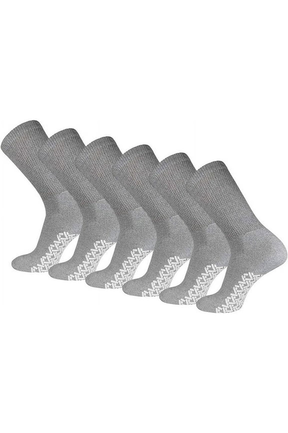 Men's Women Diabetic Loose Top Therapeutic Anti Slip Non Skid Gripper Soft Cotton Full Cushioned Crew Socks (Grey - 6 Pairs, Socks Size 13-15, Fit Men's Shoe Size 9-14)