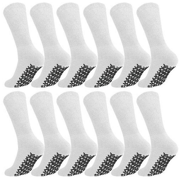 Men's Women Diabetic Loose Top Therapeutic Anti Slip Non Skid Gripper Soft Cotton Full Cushioned Crew Socks (White - 12 Pairs, Socks Size 9-11, Fit Women's Shoe Size 5-10)