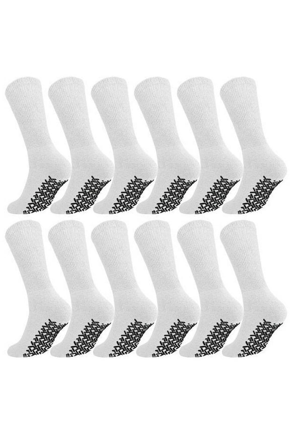 Men's Women Diabetic Loose Top Therapeutic Anti Slip Non Skid Gripper Soft Cotton Full Cushioned Crew Socks (White - 12 Pairs, Socks Size 9-11, Fit Women's Shoe Size 5-10)