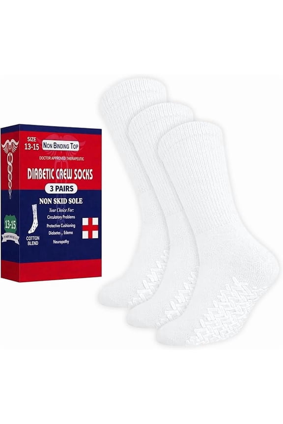 Diamond Star Unisex Diabetic Loose Top Therapeutic Anti Slip-Non Skid Gripper Soft Cotton Full Cushioned Crew Socks (White- 12 Pairs, Socks Size 9-11, Fit Women's Shoe Size 5-10)