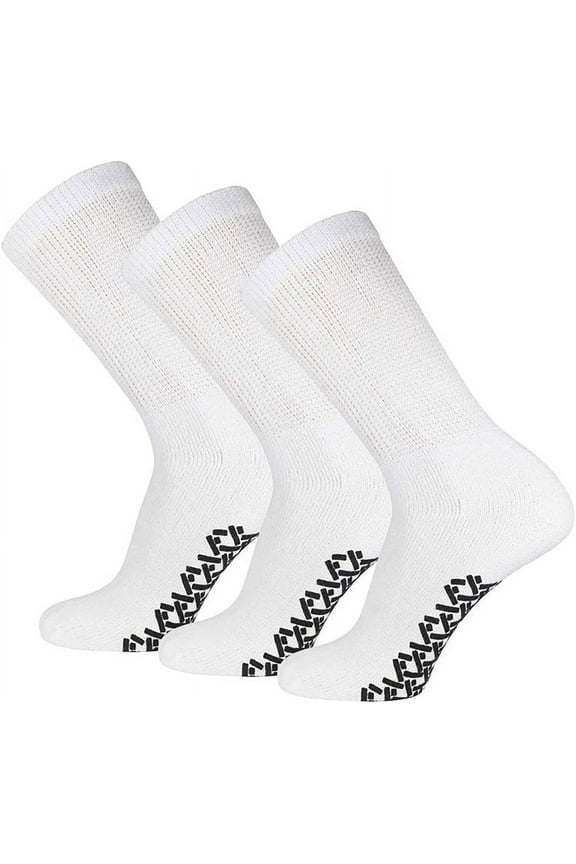 Men's Women Diabetic Loose Top Therapeutic Anti Slip Non Skid Gripper Soft Cotton Full Cushioned Crew Socks (White - 3 Pairs, Socks Size 10-13, Fit Men's Shoe Size 7-12)