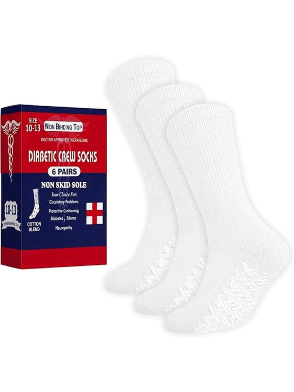 Unisex Diabetic Loose Top Therapeutic Anti Slip-Non Skid Gripper Soft Cotton Full Cushioned Crew Socks (White - 3 Pairs, Socks Size 13-15, Fit Men's Shoe Size 9-14)
