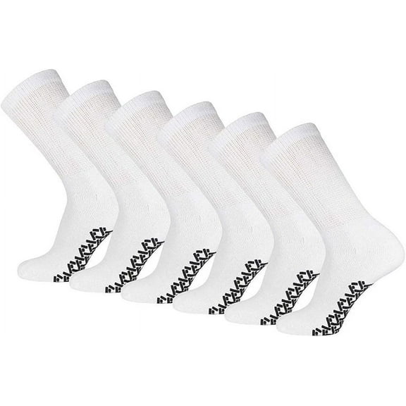 Men's Women Diabetic Loose Top Therapeutic Anti Slip Non Skid Gripper Soft Cotton Full Cushioned Crew Socks (White - 6 Pairs, Socks Size 10-13, Fit Men's Shoe Size 7-12)