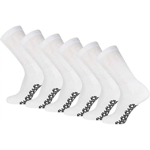 Men's Women Diabetic Loose Top Therapeutic Anti Slip Non Skid Gripper Soft Cotton Full Cushioned Crew Socks (White - 6 Pairs, Socks Size 9-11, Fit Women's Shoe Size 5-10)