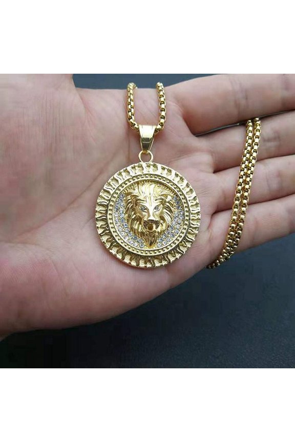 Men's Women Iced Out Cubic Zircon Bling Lion Head Necklace & Pendant 14K Yellow Gold Hip Hop Jewelry