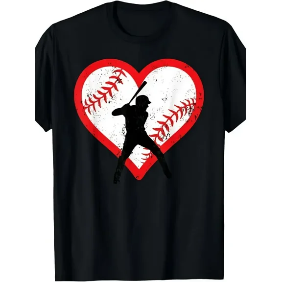 Men's & Women's 100% Cotton Retro Baseball Heart T-Shirt - Valentine's Day Gift, Unisex Casual Tee with Baseball Bat & Heart Print, Short-Sleeve Round Neck for,, (Machine