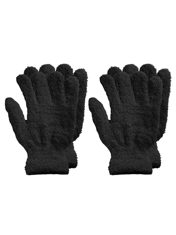 Men's Women's 2 Pairs Warm Winter Fuzzy Cozy Gloves, 2 Set Black